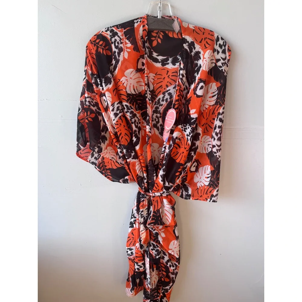 As‎ Rose Rich Kimono Swim Cover Up Floral Tassel Fringe Wrap 1X NEW